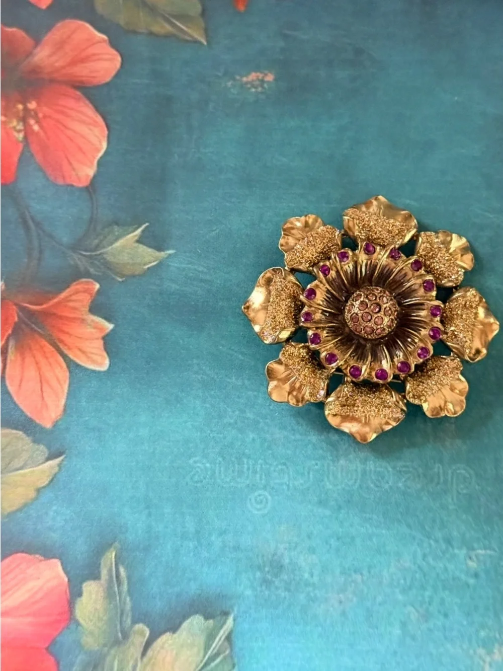 Gold-Tone Floral Statement Brooch with Pink Stones